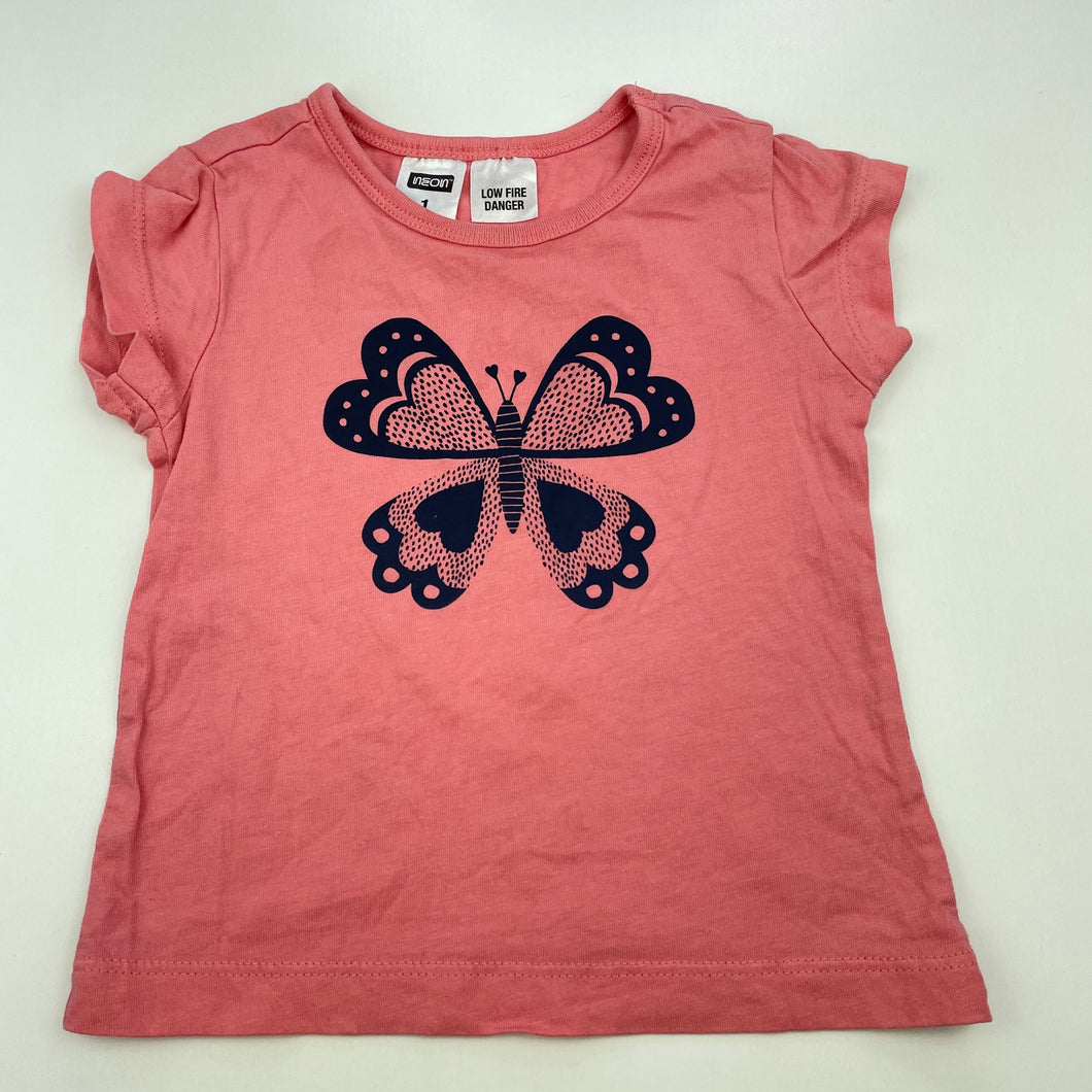 Girls Neon, cotton pyjama t-shirt / top, butterfly, EUC, size 1,  