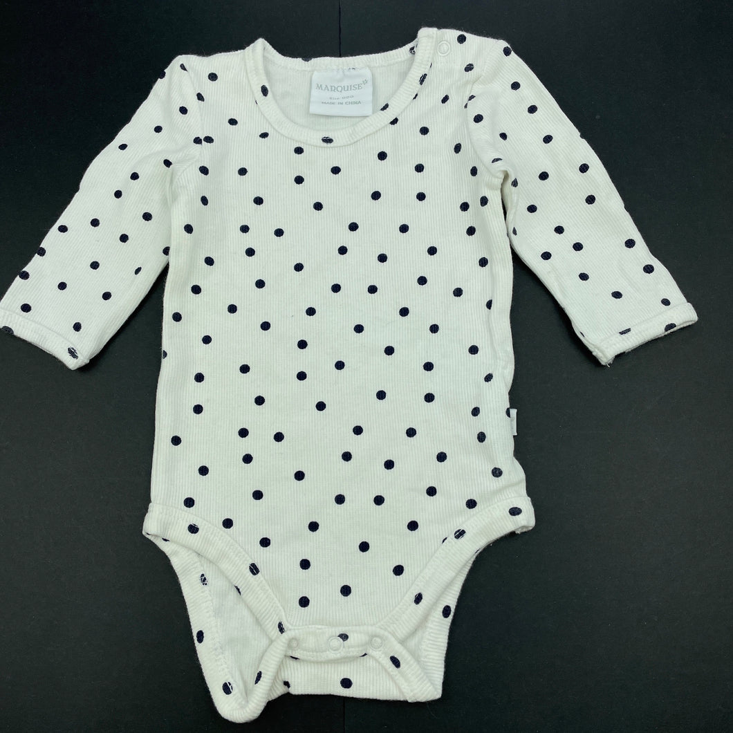 unisex Marquise, ribbed navy spot bodysuit / romper, GUC, size 000,  