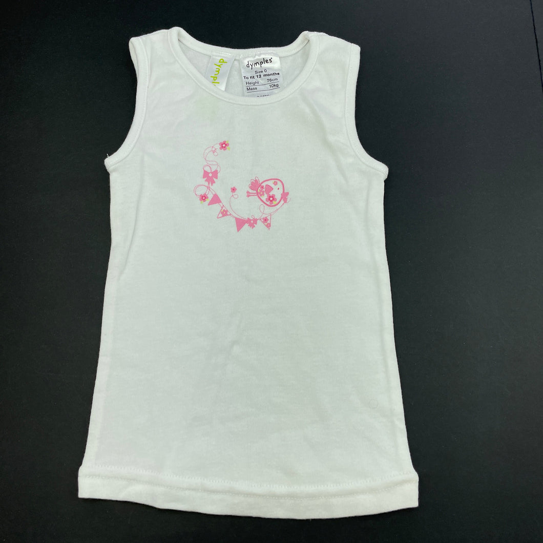 Girls Dymples, white cotton singlet top, bird, GUC, size 0,  
