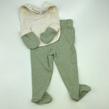 Load image into Gallery viewer, Boys Anko, green stripe organic cotton leggings, bib &amp; mits, EUC, size 0000,  