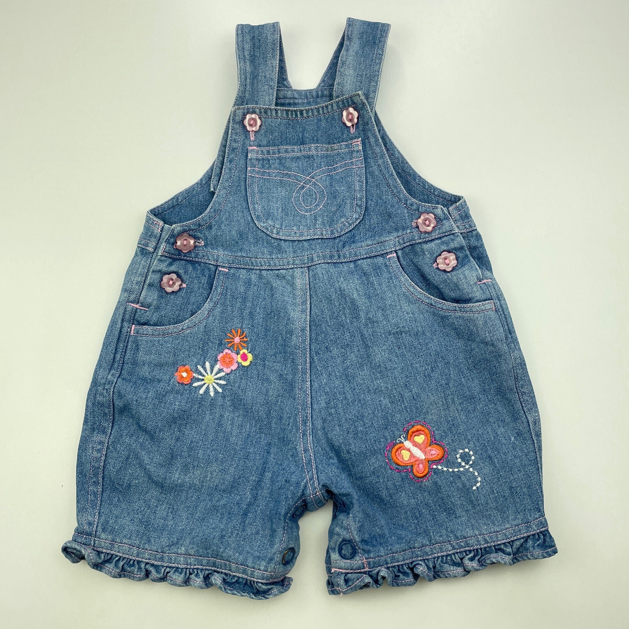Target, embroidered denim overalls shortalls, GUC, size 000