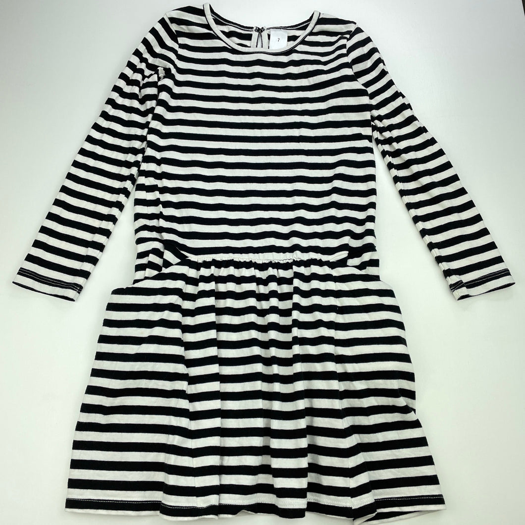 Girls Target, striped cotton casual long sleeve dress, FUC, size 7, L: 65cm
