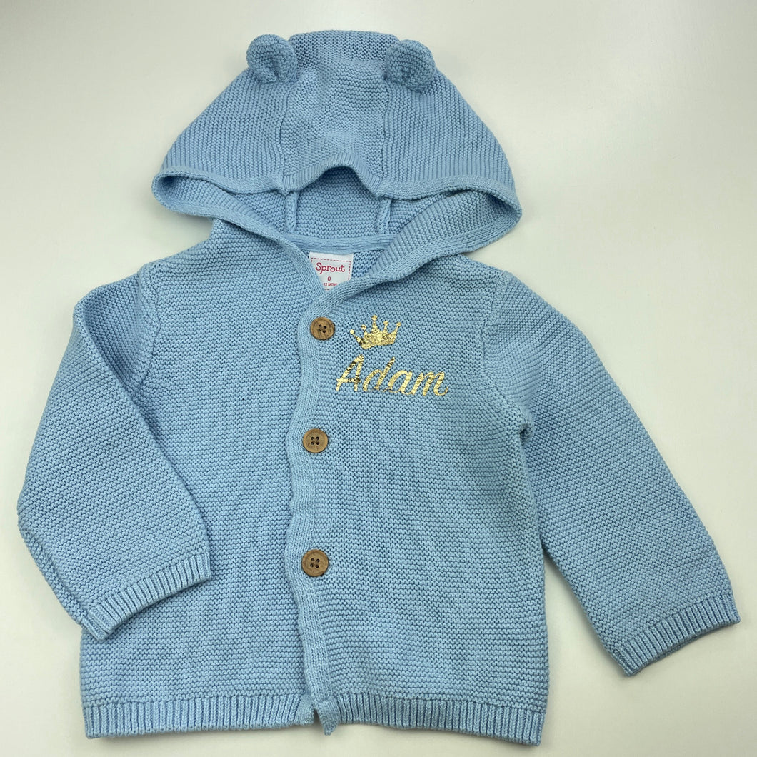 Boys Sprout, knitted cotton hooded sweater, EUC, size 0,  
