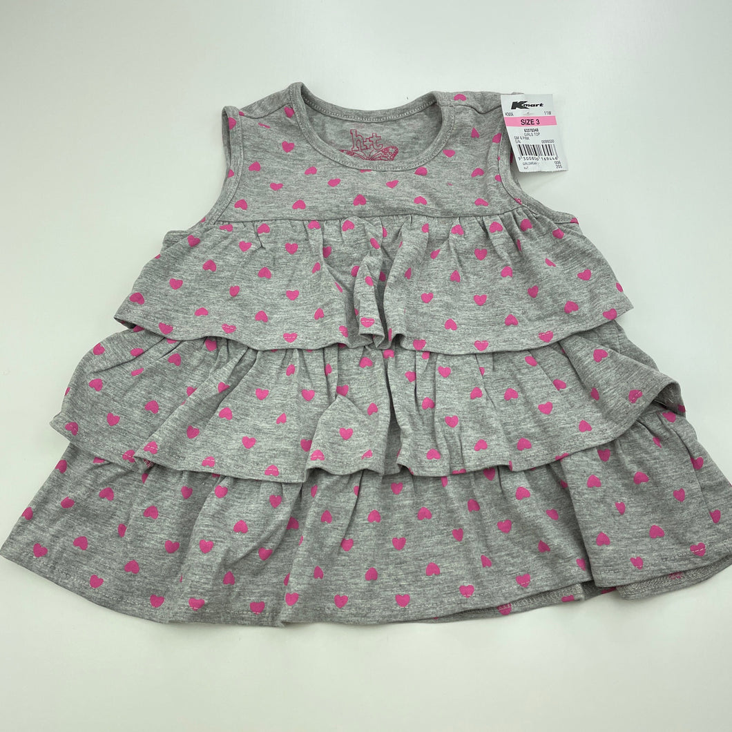 Girls H&T, grey tiered top, heart, NEW, size 3,  