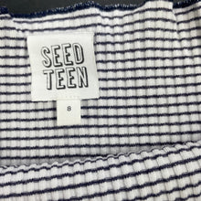 Load image into Gallery viewer, Girls Seed, navy stripe stretchy top, mark on front, FUC, size 8,  