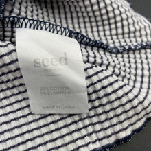 Load image into Gallery viewer, Girls Seed, navy stripe stretchy top, mark on front, FUC, size 8,  