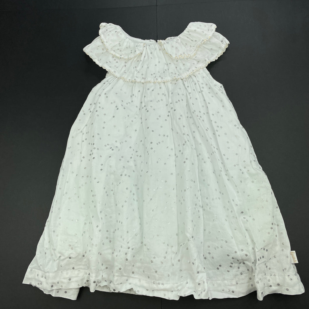 Girls Pumpkin Patch, lined white & silver spot cotton party dress, GUC, size 1, L: 50cm