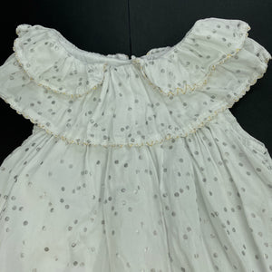 Girls Pumpkin Patch, lined white & silver spot cotton party dress, GUC, size 1, L: 50cm