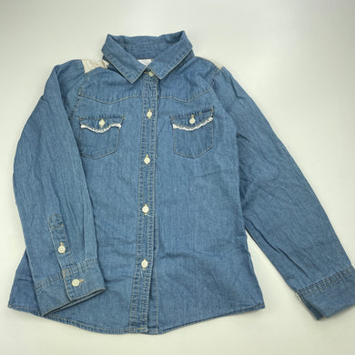 Girls H&T, chambray cotton long sleeve shirt, lace detail, GUC, size 6,  