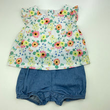 Load image into Gallery viewer, Girls Dymples, floral &amp; chambray cotton romper, EUC, size 0,  