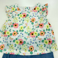 Load image into Gallery viewer, Girls Dymples, floral &amp; chambray cotton romper, EUC, size 0,  