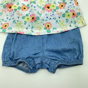 Girls Dymples, floral & chambray cotton romper, EUC, size 0,  