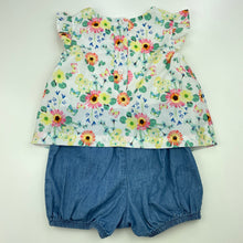 Load image into Gallery viewer, Girls Dymples, floral &amp; chambray cotton romper, EUC, size 0,  