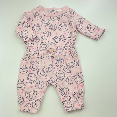 Girls Kids & Co, pink cotton romper, swans, EUC, size 0000,  