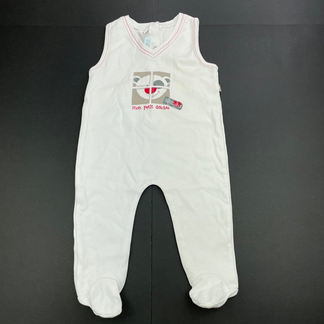 unisex Plum Precious, white cotton romper, FUC, size 00,  