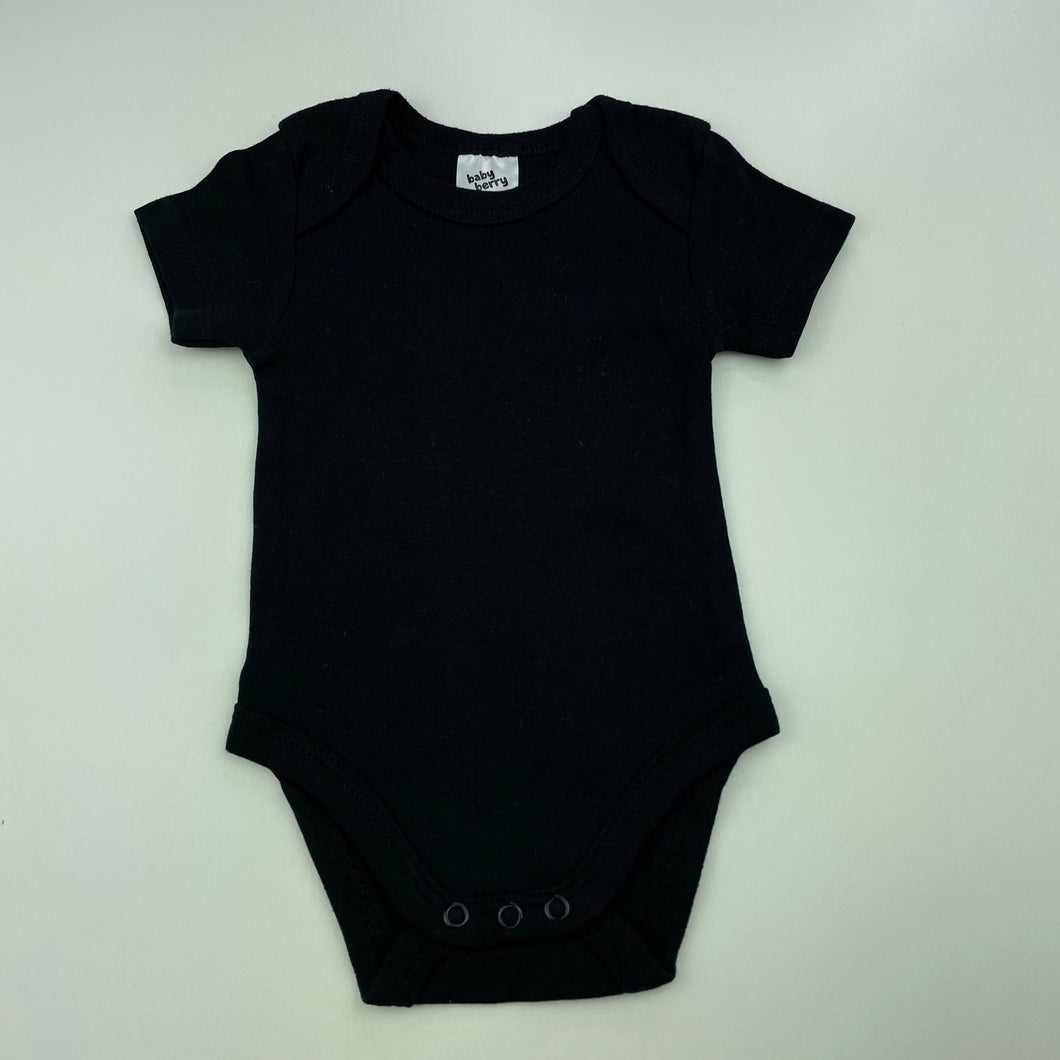 unisex Baby Berry, black cotton bodysuit / romper, EUC, size 000,  