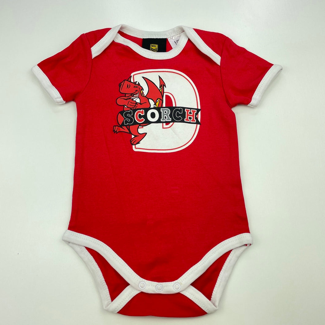 unisex NRL Official, St George Dragons cotton bodysuit / romper, FUC, size 0,  
