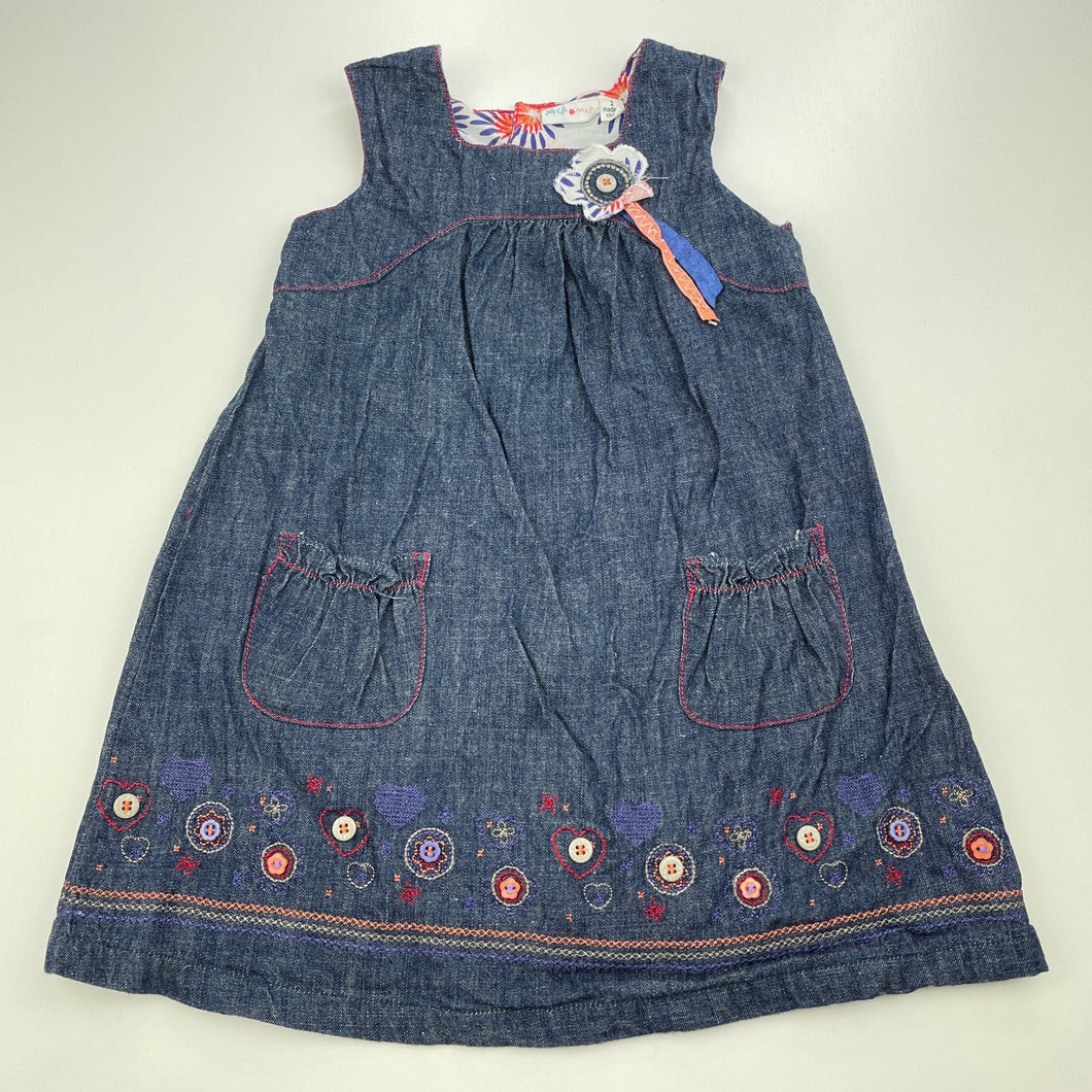 Girls Jack & Milly, embroidered cotton casual dress, GUC, size 2, L: 46cm