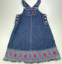 Load image into Gallery viewer, Girls Pumpkin Patch, vintage embroidered denim overalls dress / pinafore, GUC, size 7, L: 70cm