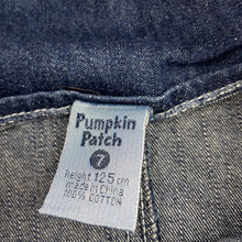 Load image into Gallery viewer, Girls Pumpkin Patch, vintage embroidered denim overalls dress / pinafore, GUC, size 7, L: 70cm