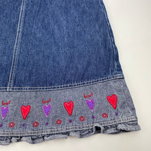 Load image into Gallery viewer, Girls Pumpkin Patch, vintage embroidered denim overalls dress / pinafore, GUC, size 7, L: 70cm