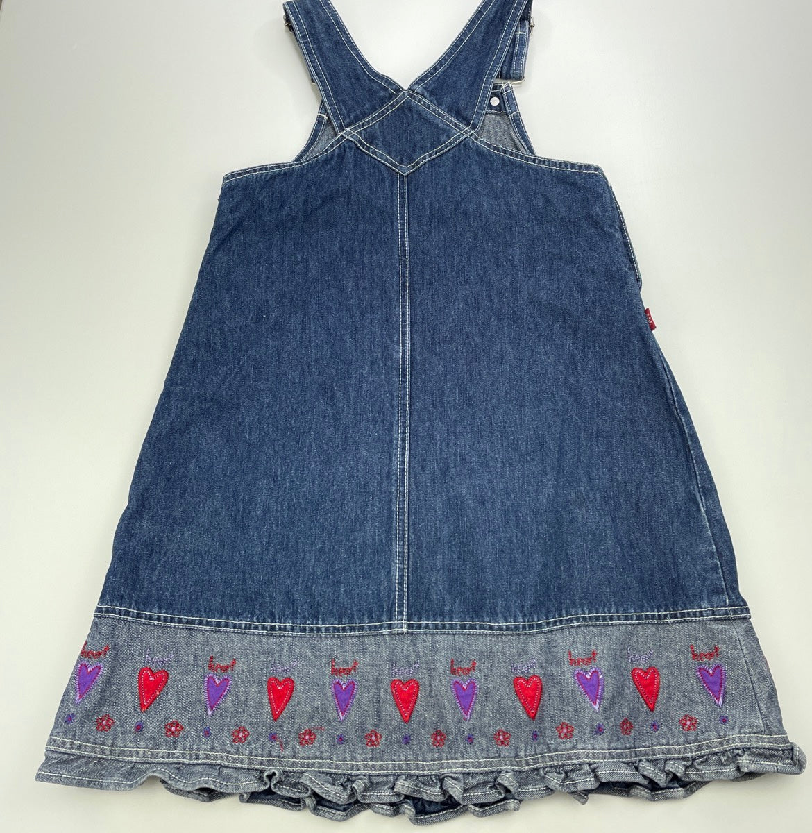 Pumpkin Patch, vintage embroidered denim overalls dress / pinafore, GUC,  size 7, L: 70cm  DaisyChainClothing