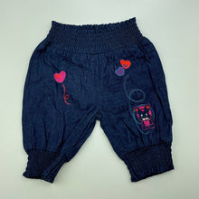Load image into Gallery viewer, Girls Cotton Elephant, embroidered cotton pants, elasticated, GUC, size 000,  