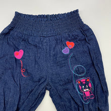 Load image into Gallery viewer, Girls Cotton Elephant, embroidered cotton pants, elasticated, GUC, size 000,  