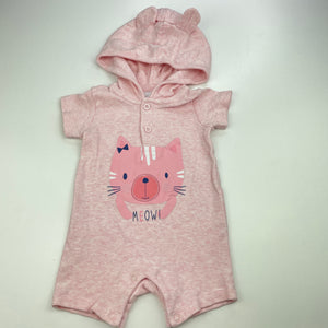 Girls Tiny Little Wonders, pink cotton hooded romper, cat, EUC, size 00,  