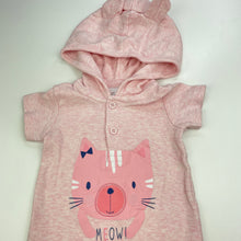 Load image into Gallery viewer, Girls Tiny Little Wonders, pink cotton hooded romper, cat, EUC, size 00,  