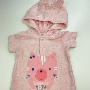 Girls Tiny Little Wonders, pink cotton hooded romper, cat, EUC, size 00,  