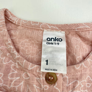 Girls Anko, pink & white floral cotton dress, EUC, size 1, L: 41cm