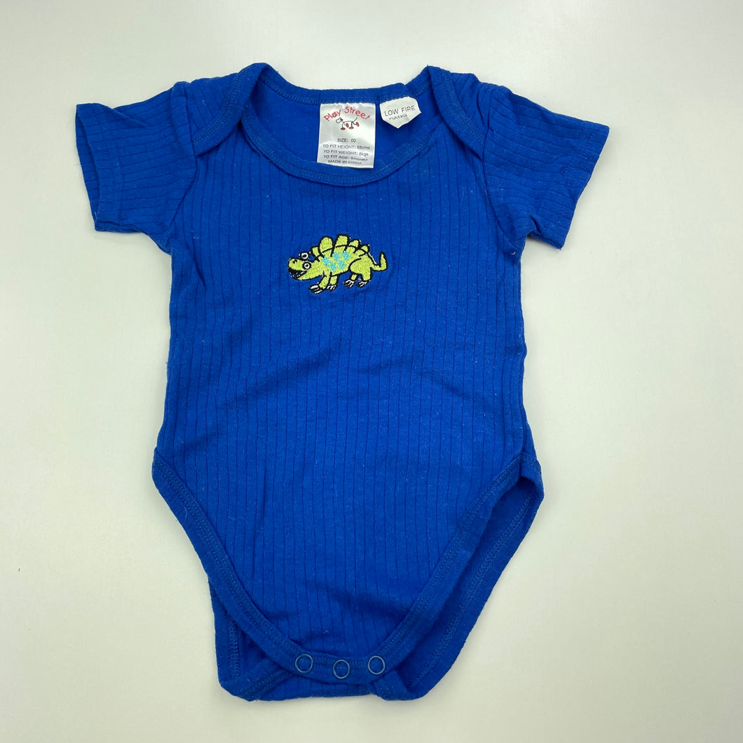 Boys Play Street, blue ribbed cotton bodysuit / romper, dinosaur, FUC, size 00,  