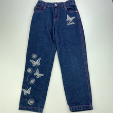 Load image into Gallery viewer, Girls Barbie, embroidered blue &amp; silver denim pants, adjustable, Inside leg: 47cm, EUC, size 5,  