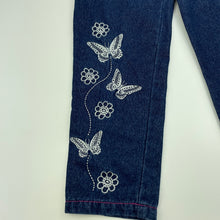 Load image into Gallery viewer, Girls Barbie, embroidered blue &amp; silver denim pants, adjustable, Inside leg: 47cm, EUC, size 5,  
