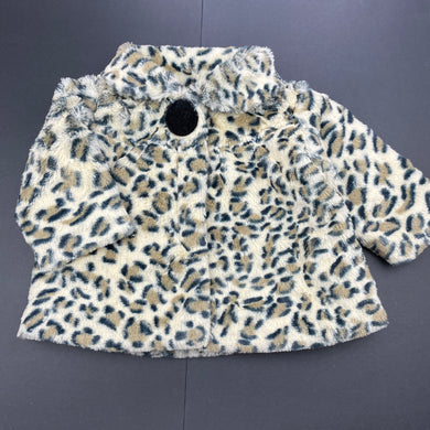 Girls Blue Sky, leopard print faux fur jacket / coat, L: 28cm, GUC, size 3 months,  