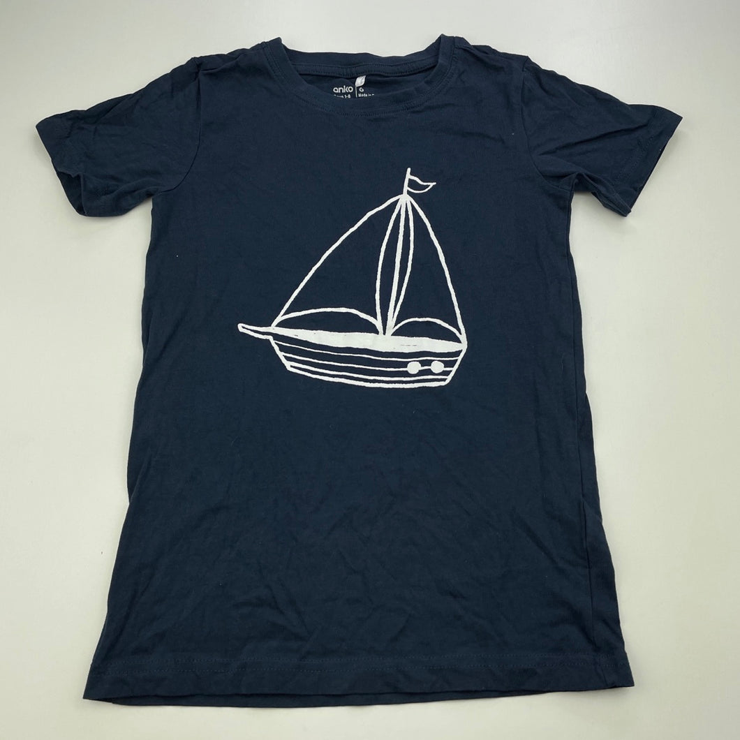 Boys Anko, navy cotton t-shirt / top, boat, EUC, size 6,  