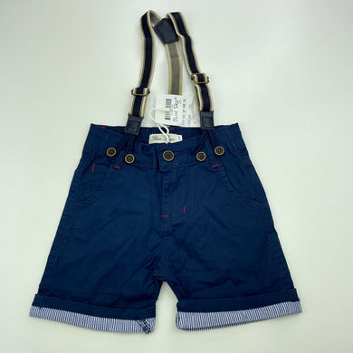 Boys Blue Sky, navy cotton shorts, adjustable, braces, NEW, size 00-0,  