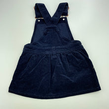 Load image into Gallery viewer, Girls Target, navy stretch corduroy overalls dress / pinafore, EUC, size 2, L: 45cm