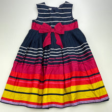 Load image into Gallery viewer, Girls Jasper Conran Junior, lined colourful cotton party dress, button missing, spare included, FUC, size 4-5, L: 62cm