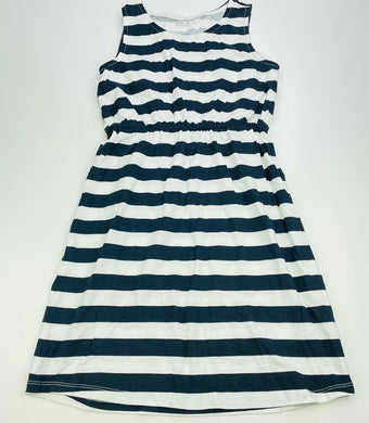 Girls Anko, navy & white stripe cotton dress, small marks on skirt, FUC, size 12, L: 78cm