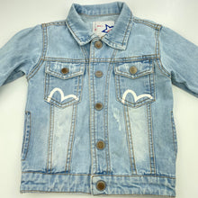 Load image into Gallery viewer, Boys Fashion Kids, distressed denim jacket, poppers, no size, L: 37cm, armpit to armpit: 31cm, armpit to cuff: 27cm, FUC, size 4-5,  