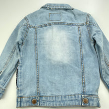 Load image into Gallery viewer, Boys Fashion Kids, distressed denim jacket, poppers, no size, L: 37cm, armpit to armpit: 31cm, armpit to cuff: 27cm, FUC, size 4-5,  