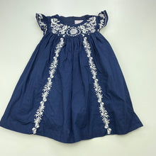 Load image into Gallery viewer, Girls Pumpkin Patch, lined embroidered navy cotton party dress, FUC, size 0, L: 44cm