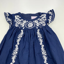 Load image into Gallery viewer, Girls Pumpkin Patch, lined embroidered navy cotton party dress, FUC, size 0, L: 44cm