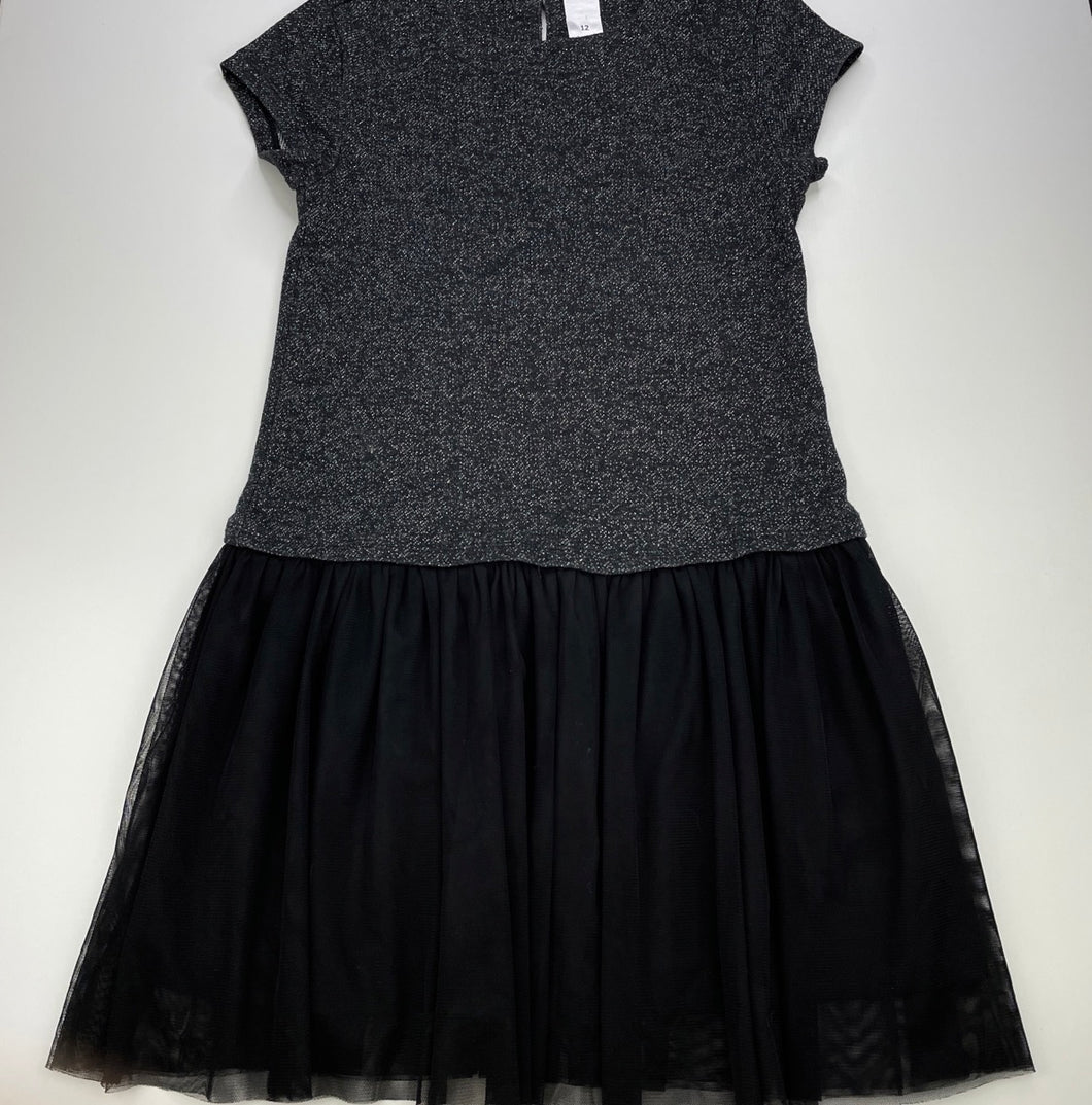 Girls Target, spliced black & silver metallic party dress, GUC, size 12, L: 75cm