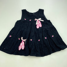 Load image into Gallery viewer, Girls LJ Fashions, navy corduroy cotton dress, mark front right hem, FUC, size 12 months, L: 40cm
