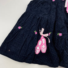 Load image into Gallery viewer, Girls LJ Fashions, navy corduroy cotton dress, mark front right hem, FUC, size 12 months, L: 40cm