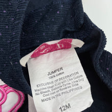 Load image into Gallery viewer, Girls LJ Fashions, navy corduroy cotton dress, mark front right hem, FUC, size 12 months, L: 40cm