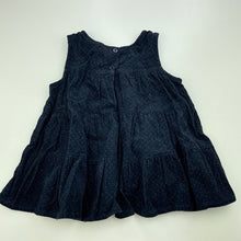 Load image into Gallery viewer, Girls LJ Fashions, navy corduroy cotton dress, mark front right hem, FUC, size 12 months, L: 40cm
